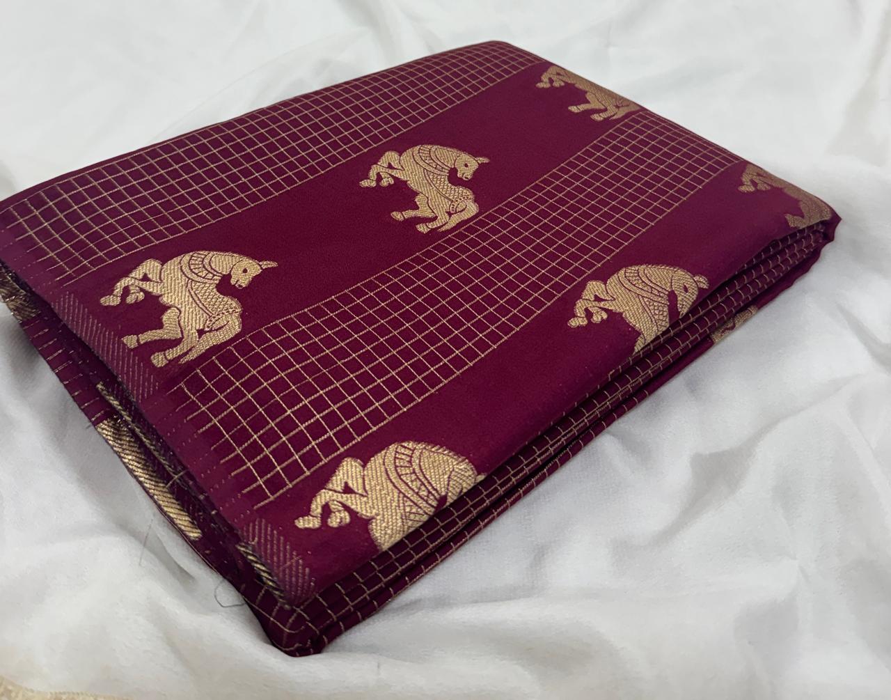 Pure Crepe Checks Saree with Satin Border & Deer Weaving Design Silk Saree